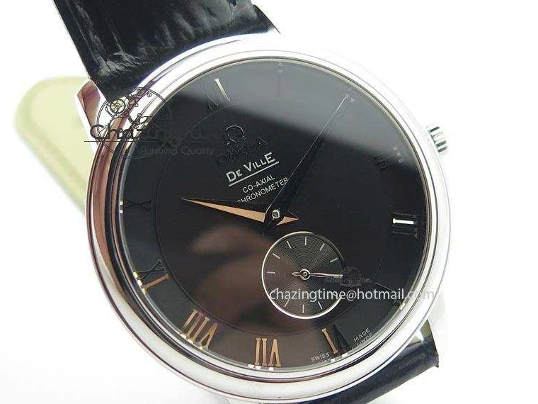 0212 De Ville MK 1:1 Best Edition SS Black Dial On Black Leather Asian Seagull T1701 (Sec@6) Unisex 8243